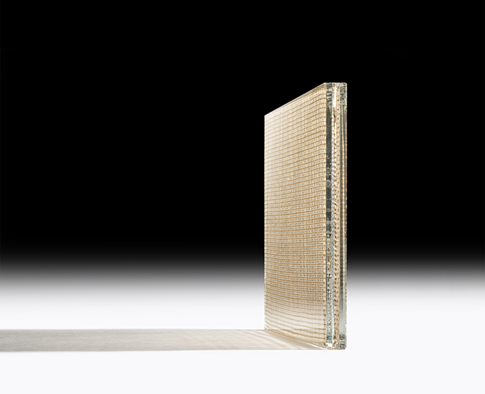 Laminated glass fabric panel GLAM Weave Beige showing material thickness and layered construction